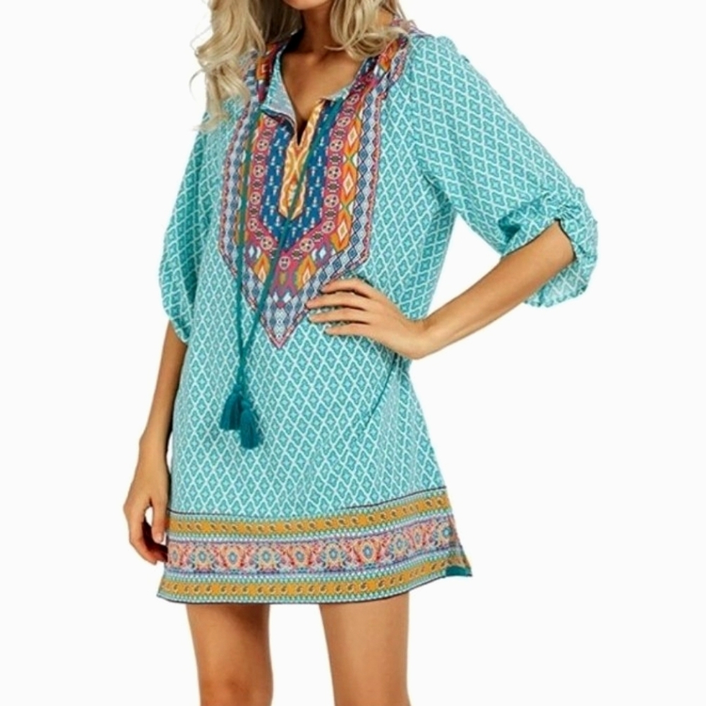 URBAN COCO Bohemian Teal and Pink Mini Dress Tunic Swimsuit Cover Loungedress